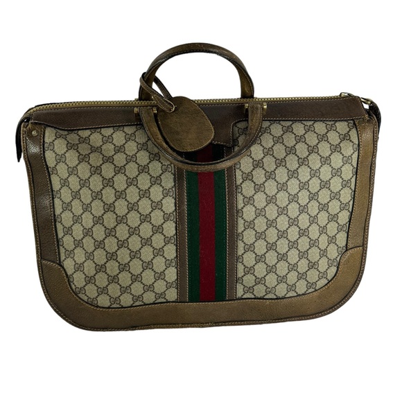 80's GUCCI Brown Supreme Canvas Web Carrier Boston Weekender Bag Made in Italy - Picture 13 of 17
